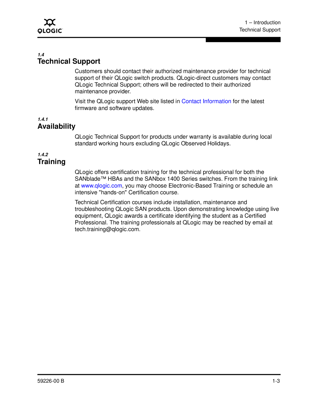 Q-Logic 59226-00 B manual Technical Support, Availability, Training 