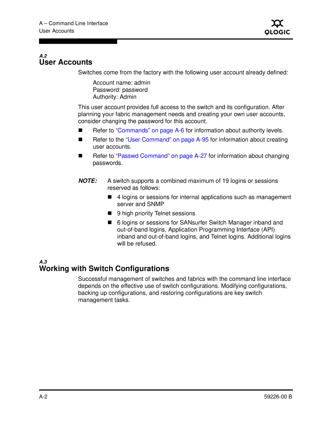 Q-Logic 59226-00 B manual User Accounts, Working with Switch Configurations 