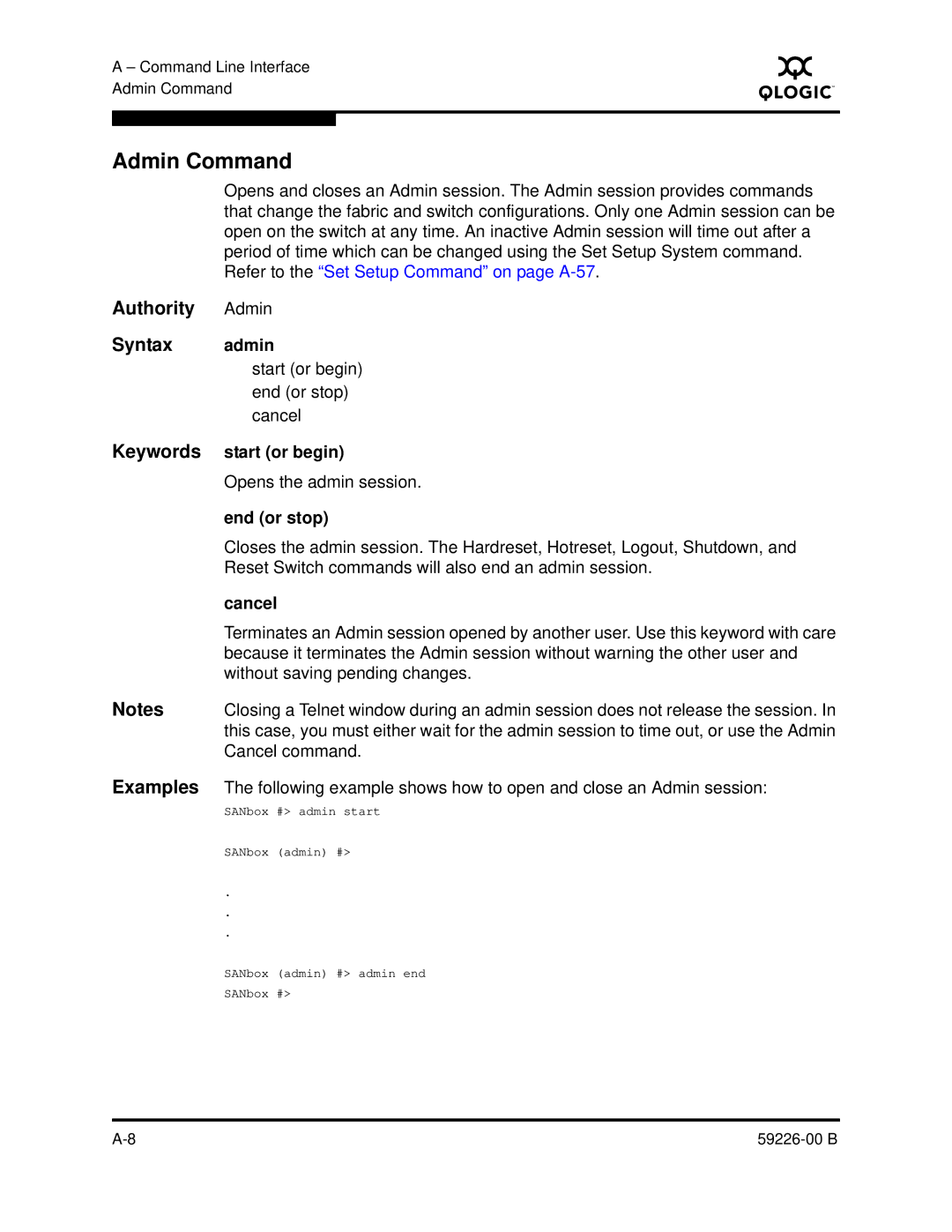 Q-Logic 59226-00 B manual Admin Command, Authority, Syntax, Keywords, Examples 