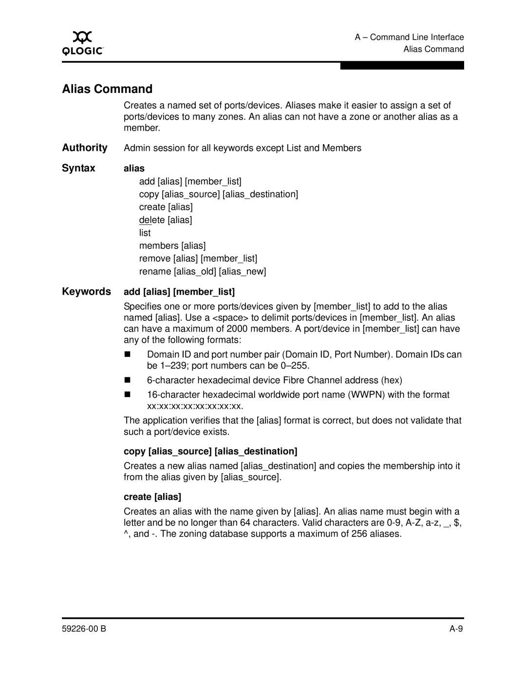 Q-Logic 59226-00 B manual Alias Command, Syntax alias, Keywords add alias memberlist, Copy aliassource aliasdestination 