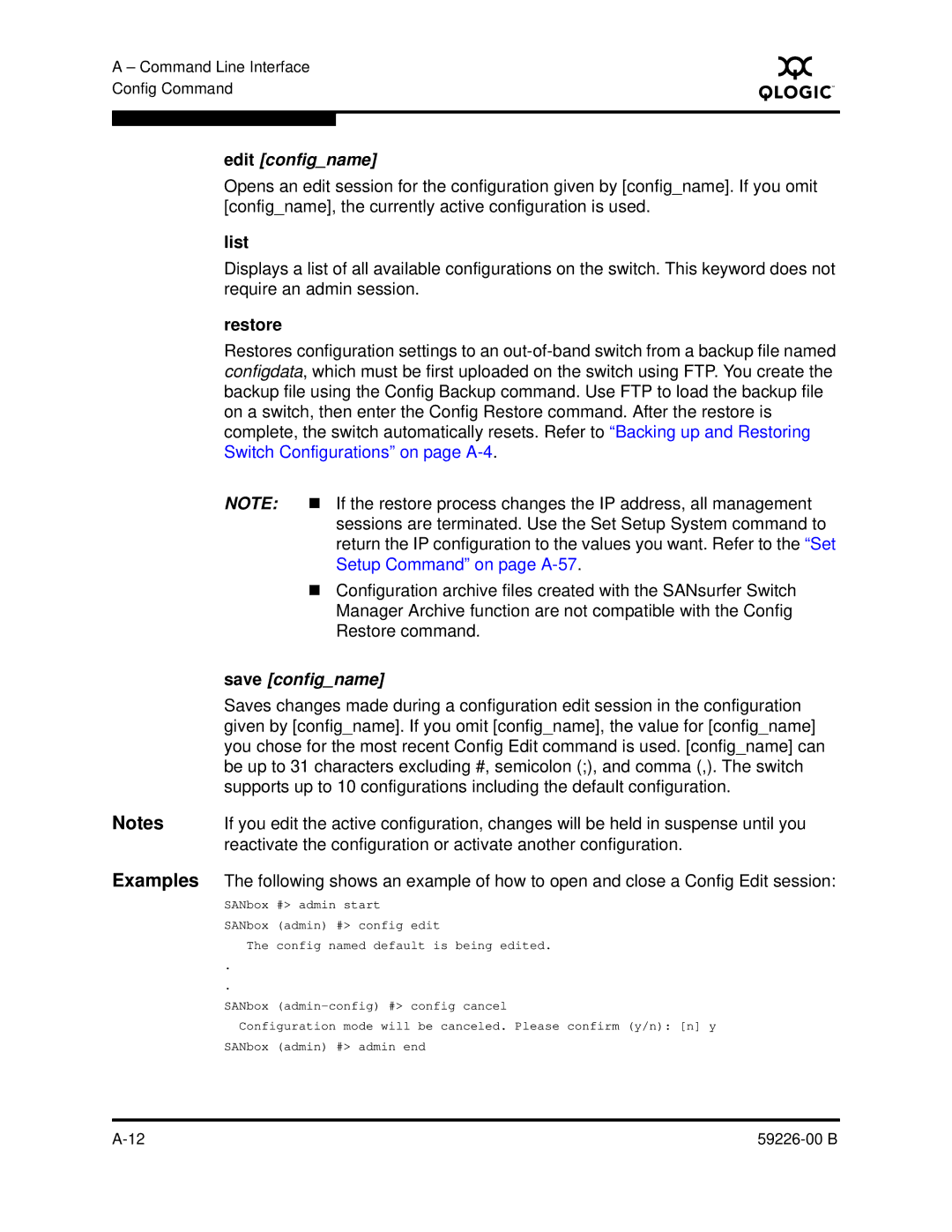 Q-Logic 59226-00 B manual Edit configname, Restore, Save configname 