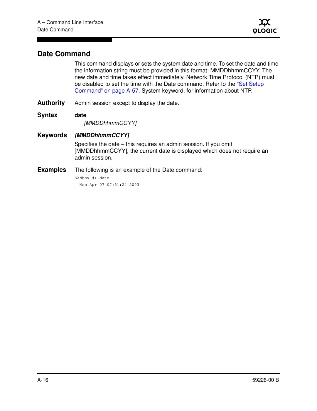 Q-Logic 59226-00 B manual Date Command, Syntax date, Keywords MMDDhhmmCCYY 