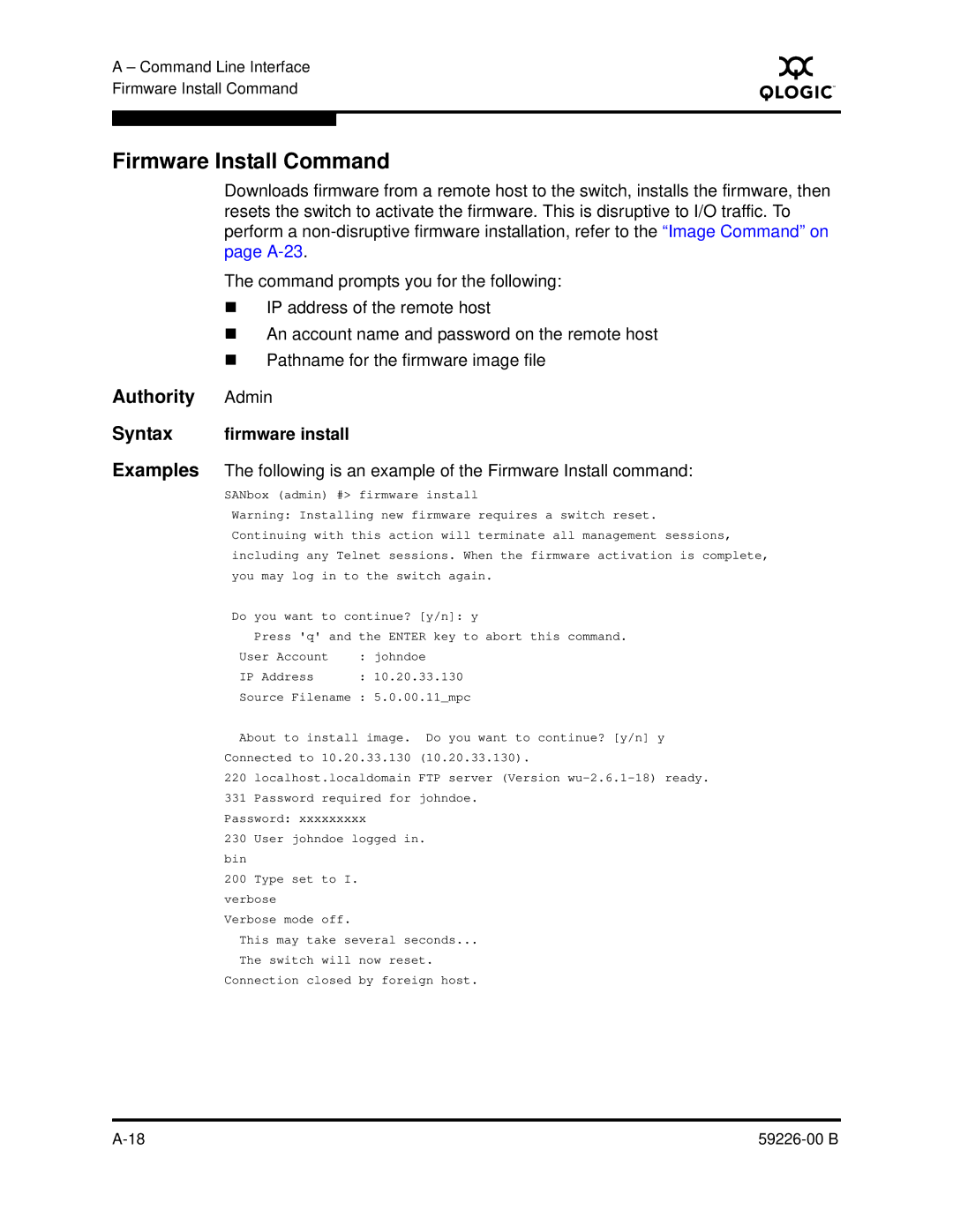 Q-Logic 59226-00 B manual Firmware Install Command, Authority Admin, Syntax firmware install 