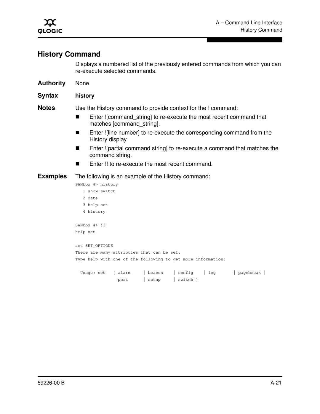 Q-Logic 59226-00 B manual History Command, Following is an example of the History command 