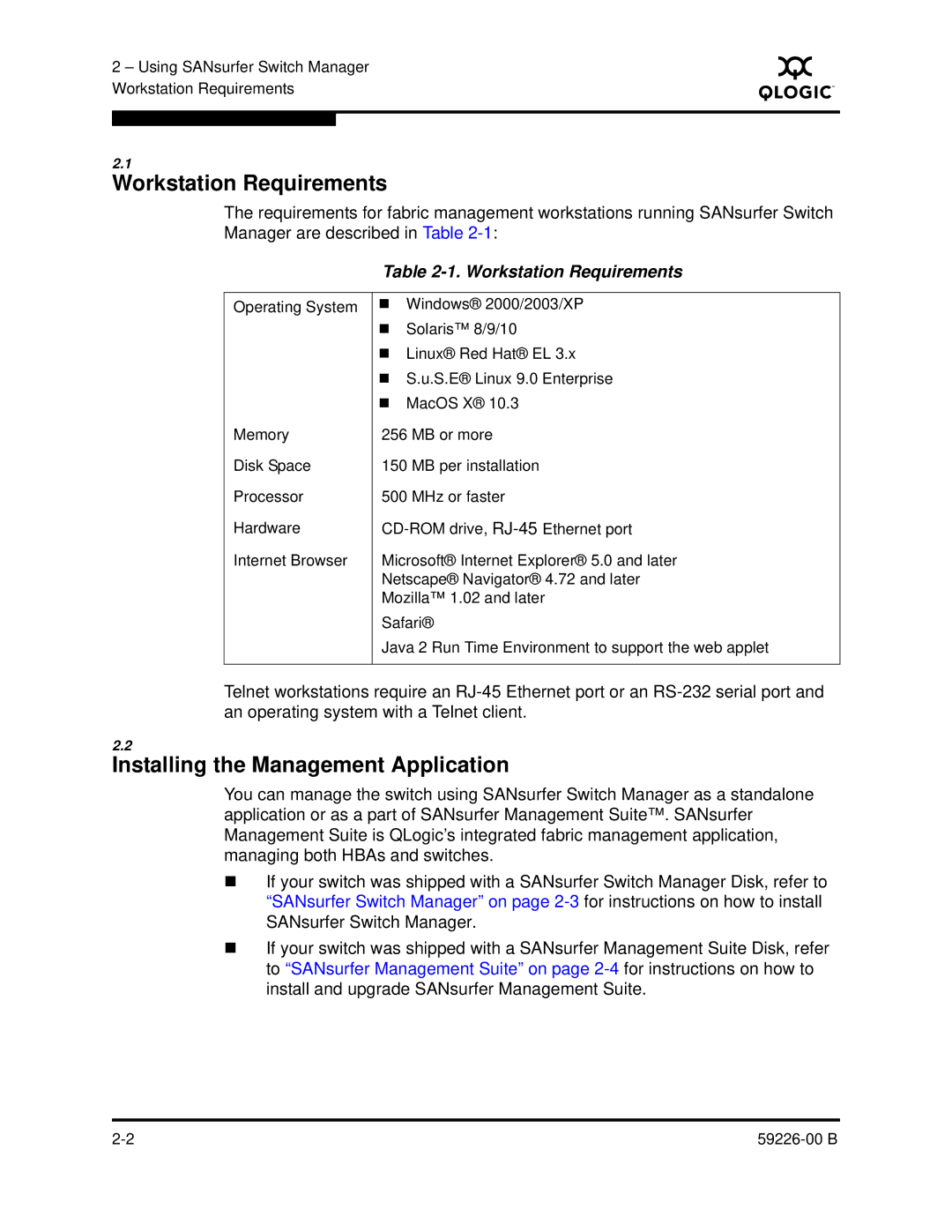 Q-Logic 59226-00 B manual Workstation Requirements, Installing the Management Application 