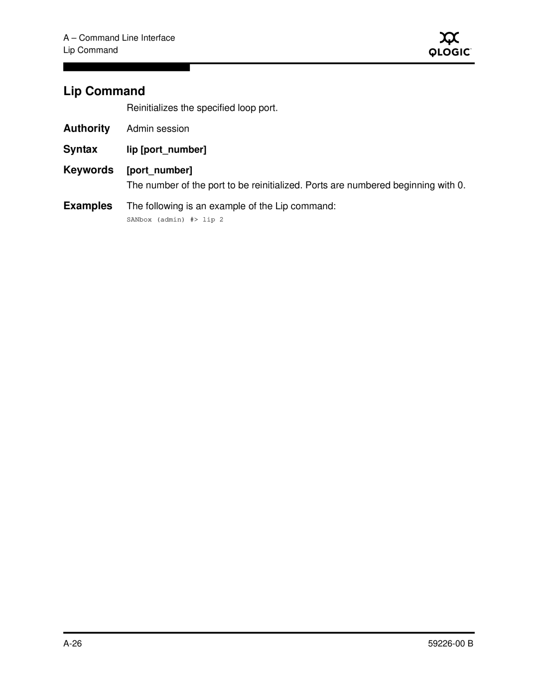 Q-Logic 59226-00 B Lip Command, Admin session, Lip portnumber, Portnumber, Following is an example of the Lip command 