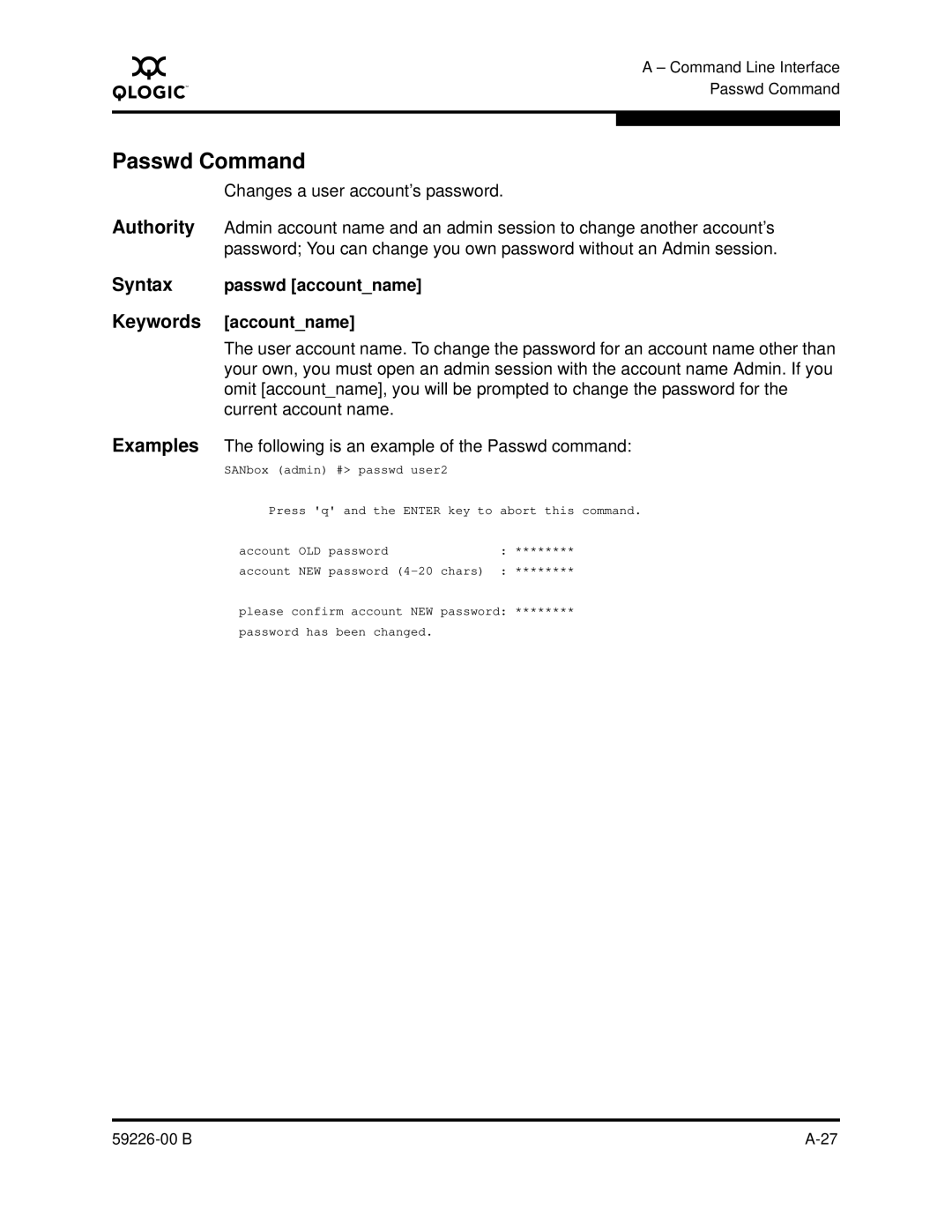 Q-Logic 59226-00 B manual Passwd Command, Syntax passwd accountname Keywords accountname 