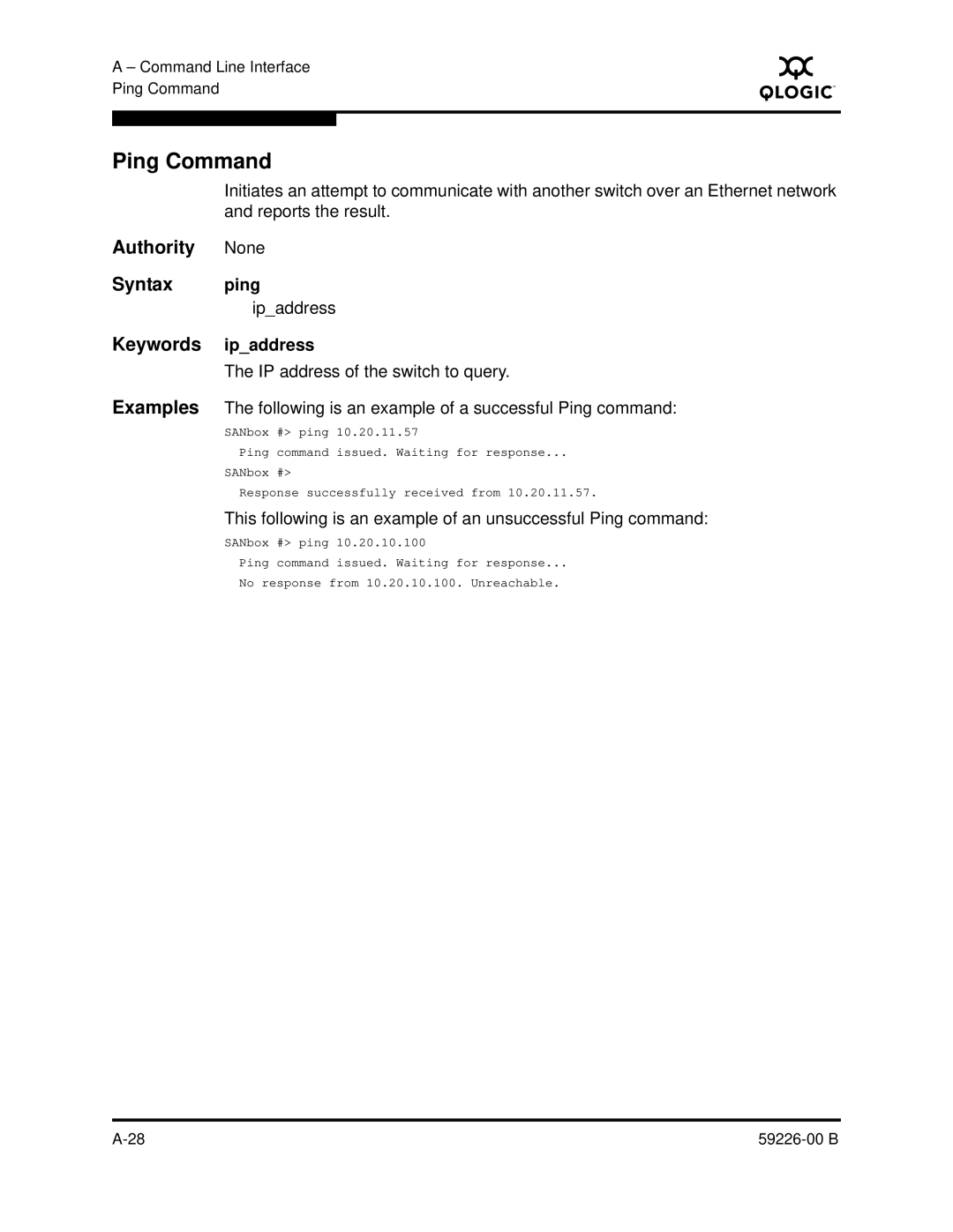 Q-Logic 59226-00 B manual Ping Command, Authority None Syntax ping, Ipaddress, Keywords ipaddress 