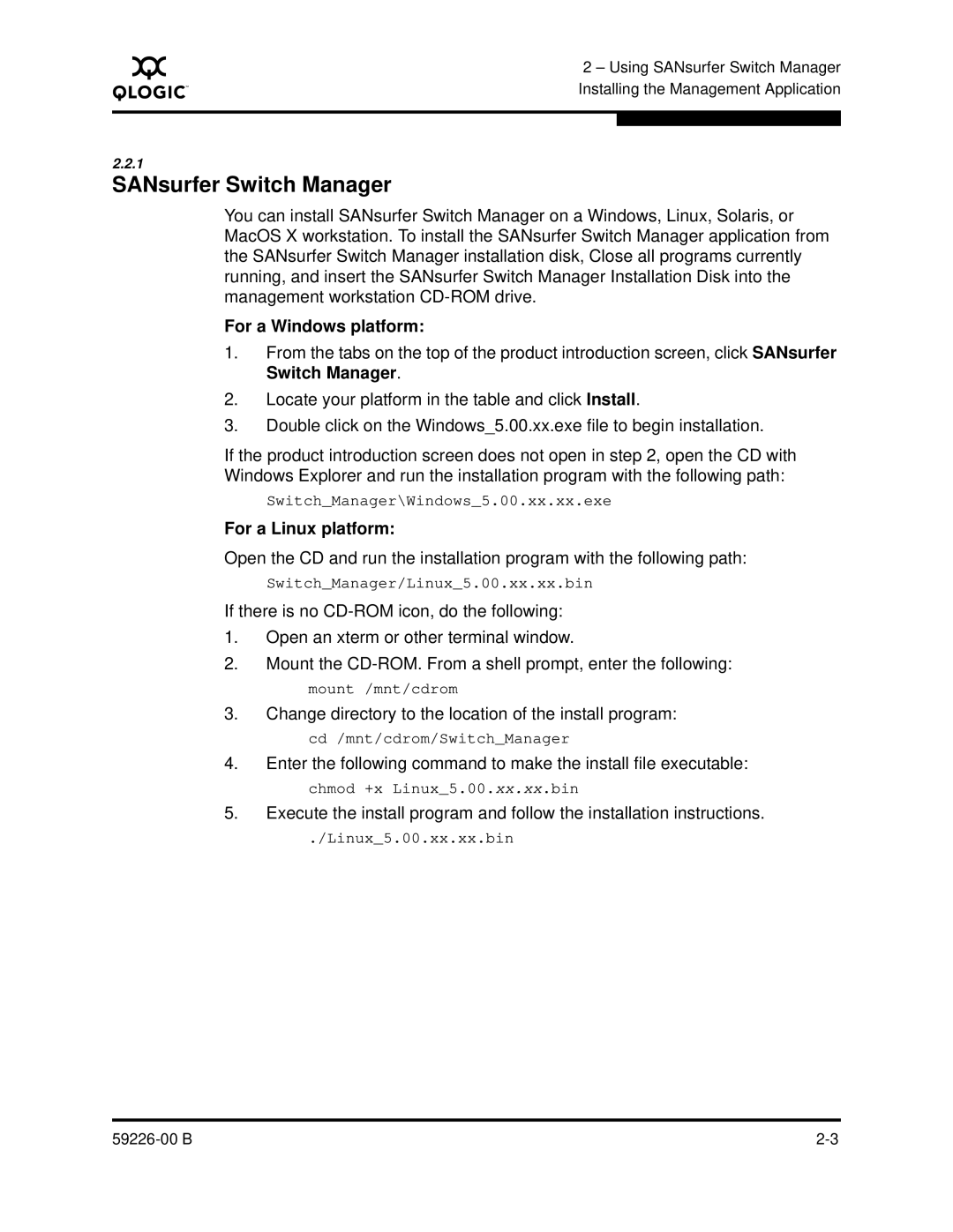 Q-Logic 59226-00 B manual SANsurfer Switch Manager, For a Windows platform, For a Linux platform 