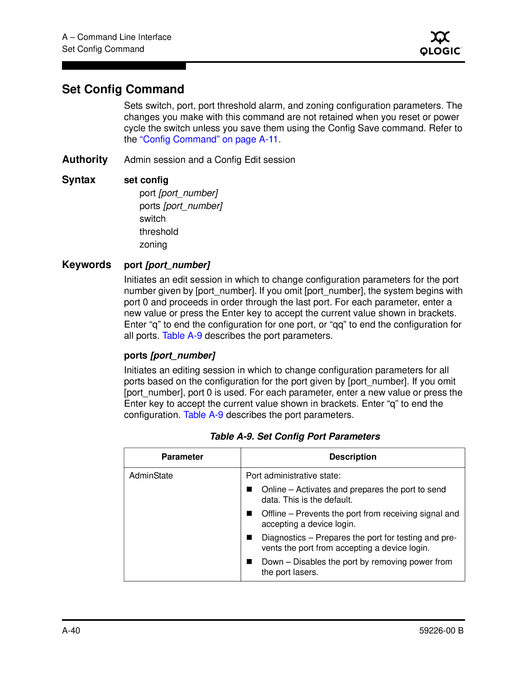 Q-Logic 59226-00 B manual Set Config Command, Set config, Port portnumber, Ports portnumber 