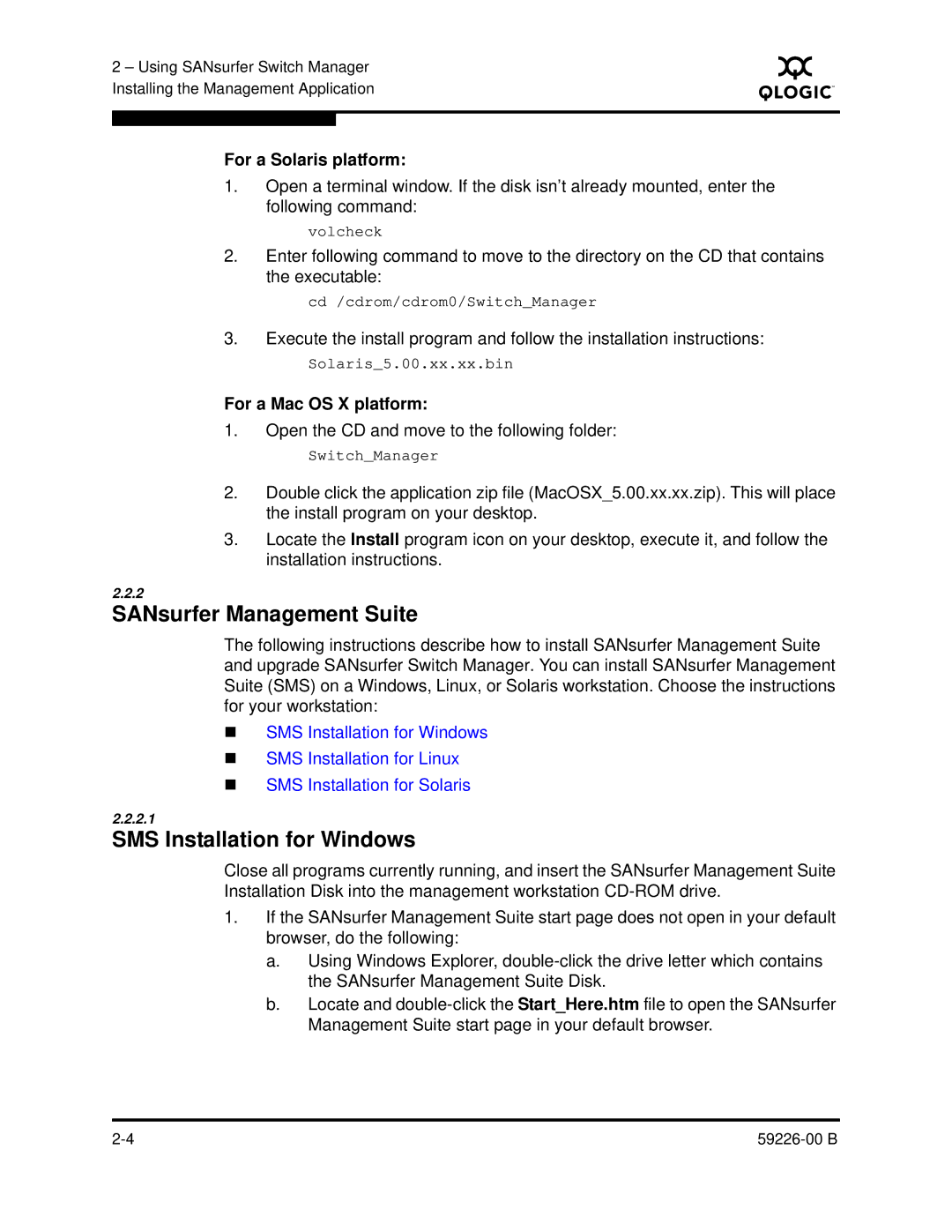 Q-Logic 59226-00 B manual SANsurfer Management Suite, SMS Installation for Windows, For a Solaris platform 