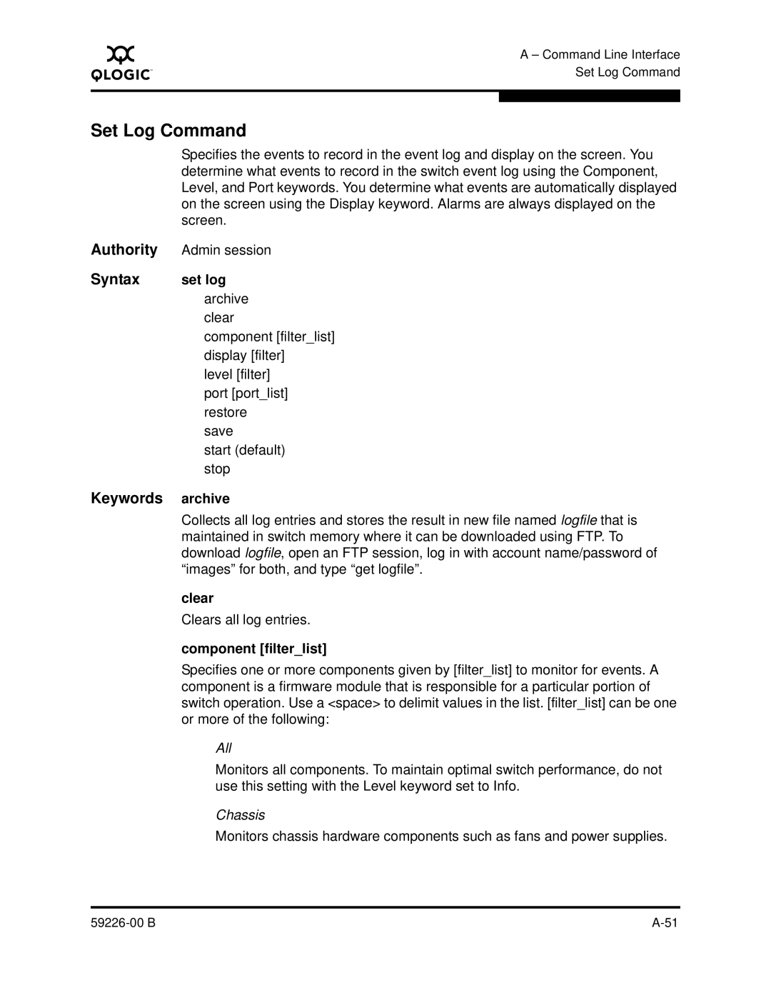 Q-Logic 59226-00 B manual Set Log Command, Set log, Archive, Clear, Component filterlist 