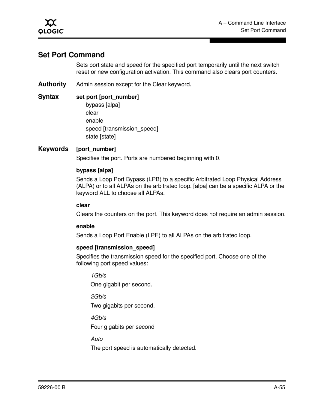 Q-Logic 59226-00 B manual Set Port Command, Keywords portnumber, Bypass alpa, Enable, Speed transmissionspeed 