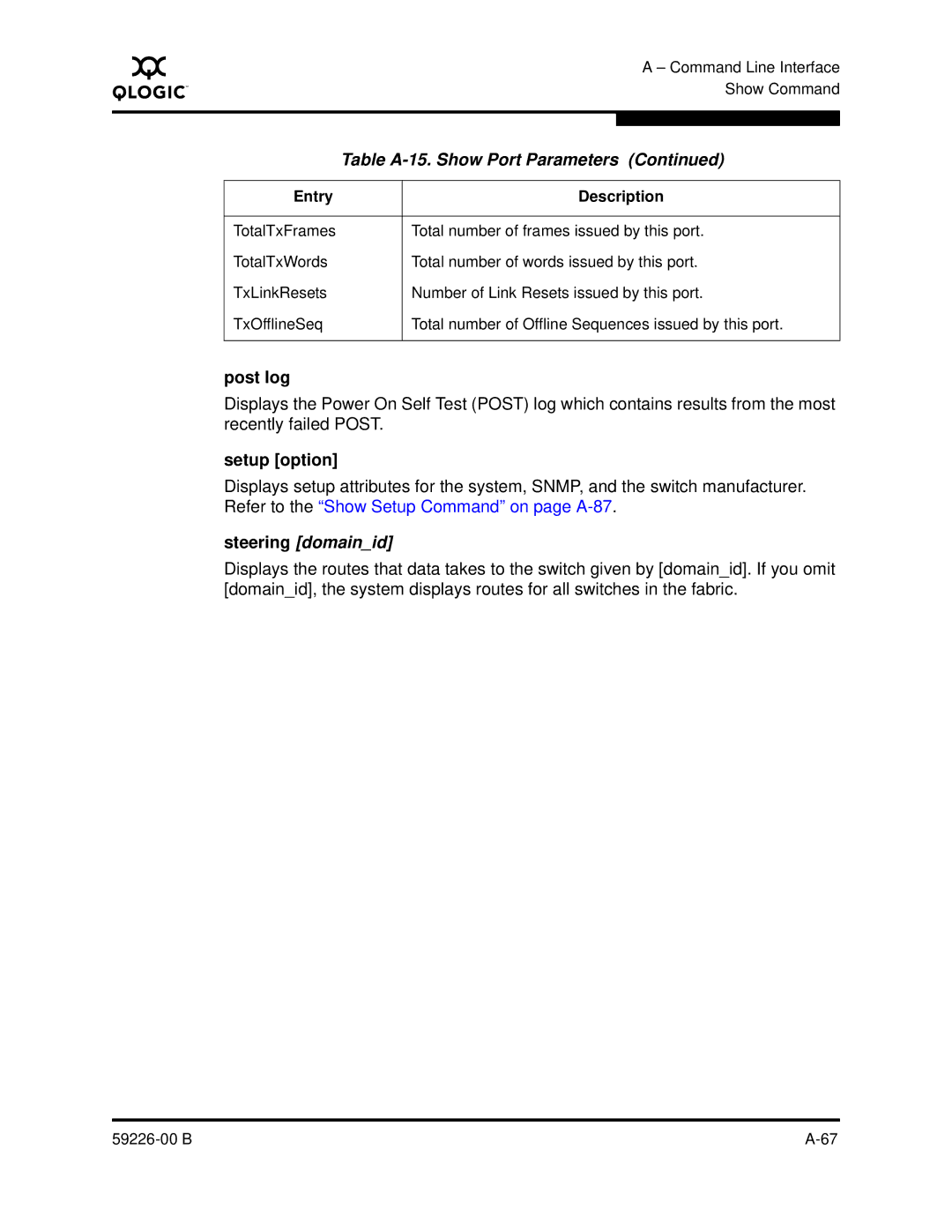 Q-Logic 59226-00 B manual Post log, Steering domainid 