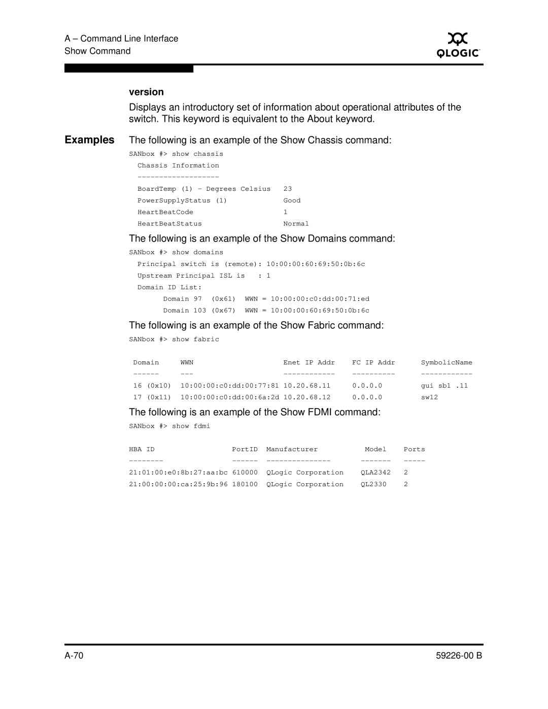 Q-Logic 59226-00 B manual Version, Following is an example of the Show Domains command 