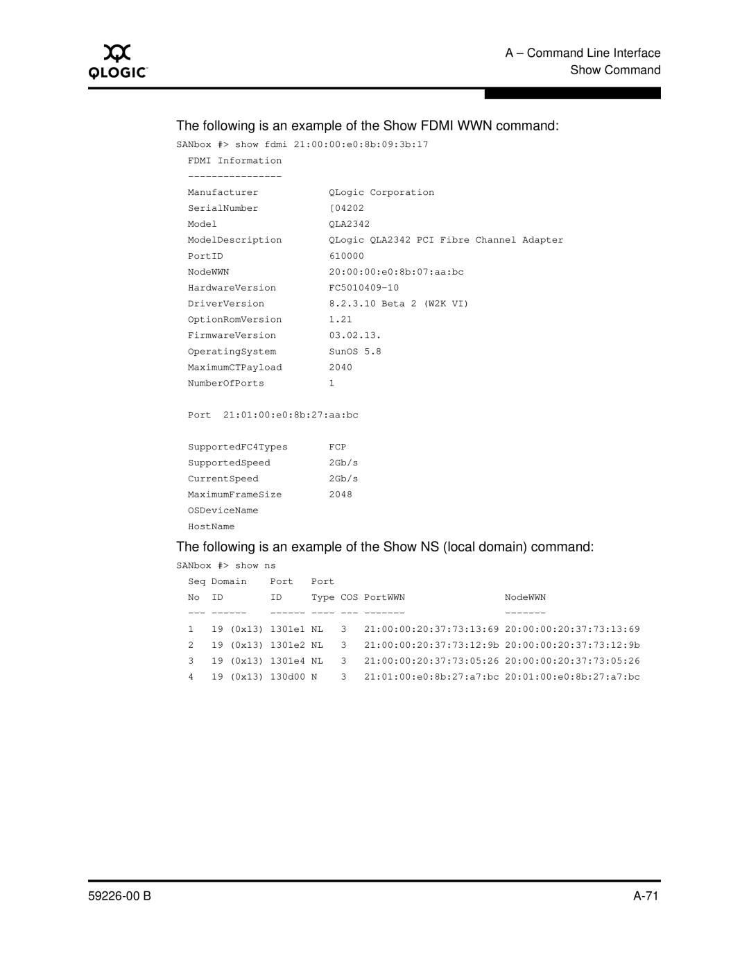 Q-Logic 59226-00 B manual Following is an example of the Show Fdmi WWN command 