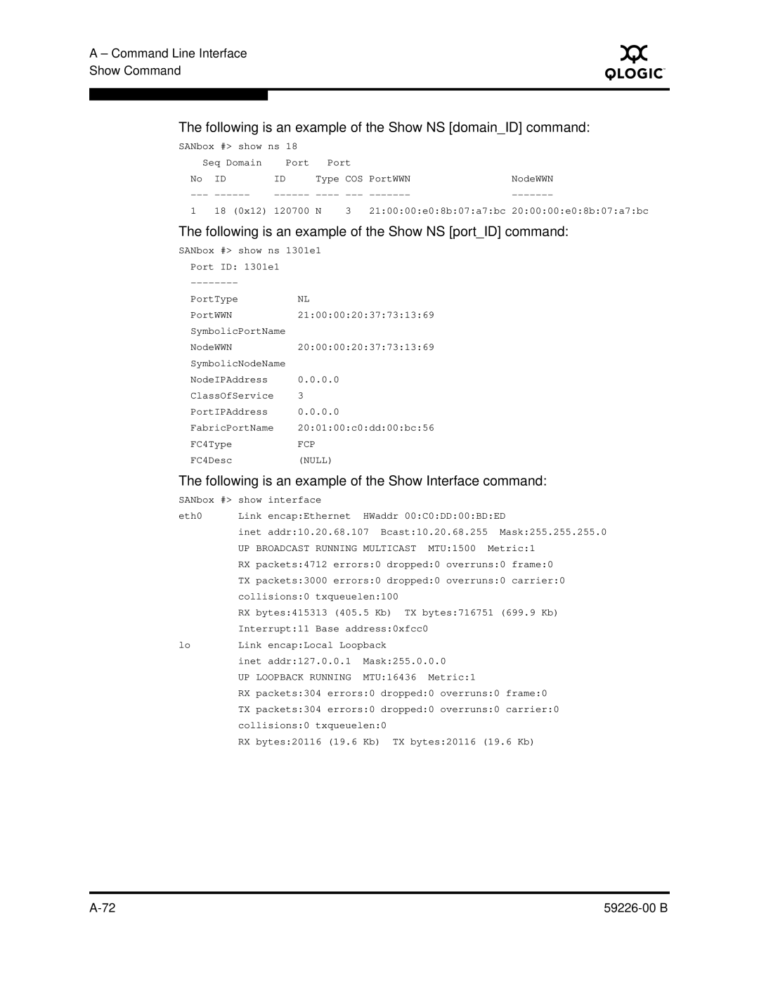 Q-Logic 59226-00 B manual Following is an example of the Show NS domainID command 