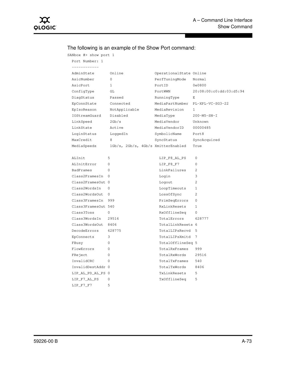 Q-Logic 59226-00 B manual Following is an example of the Show Port command, PL-XPL-VC-SG3-22 