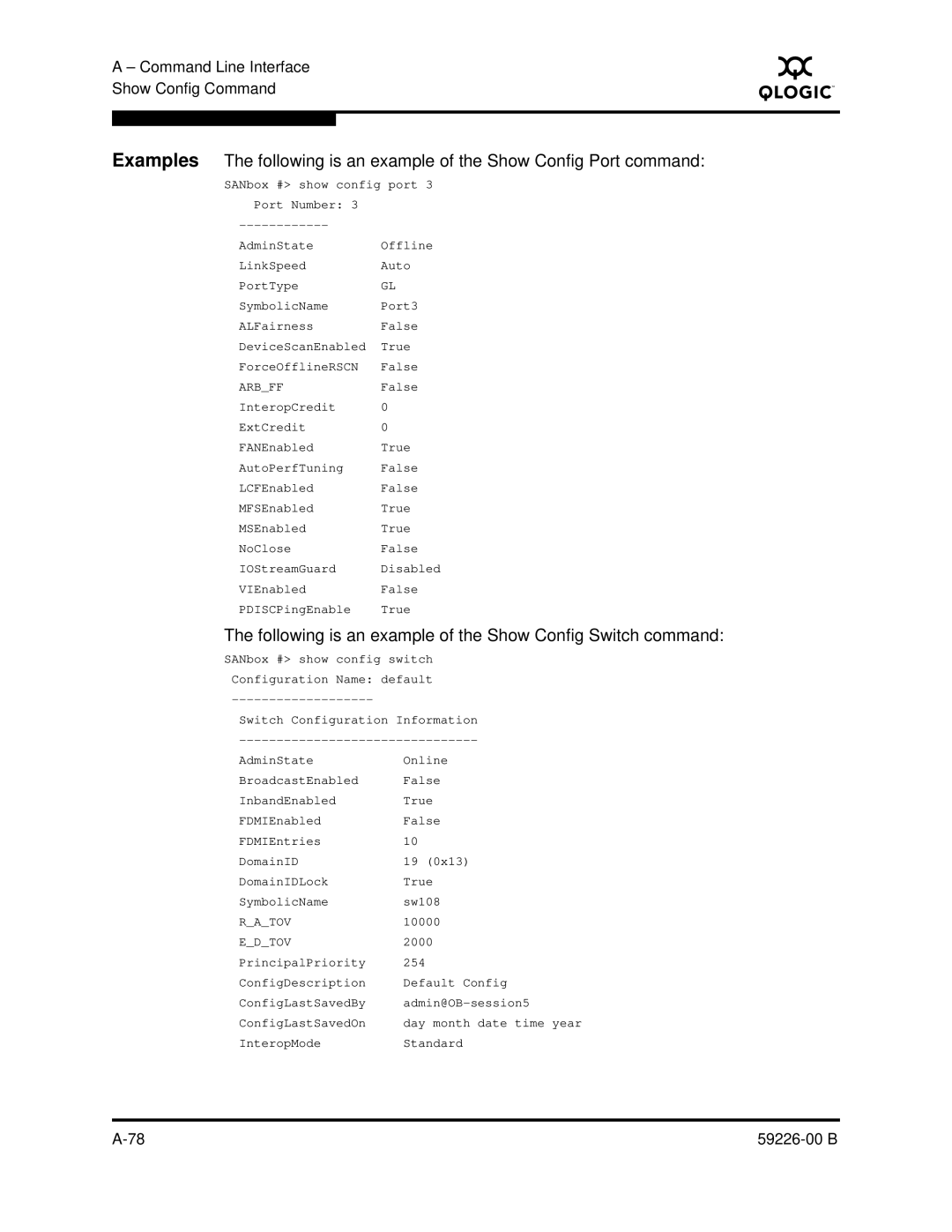 Q-Logic 59226-00 B manual Following is an example of the Show Config Switch command 