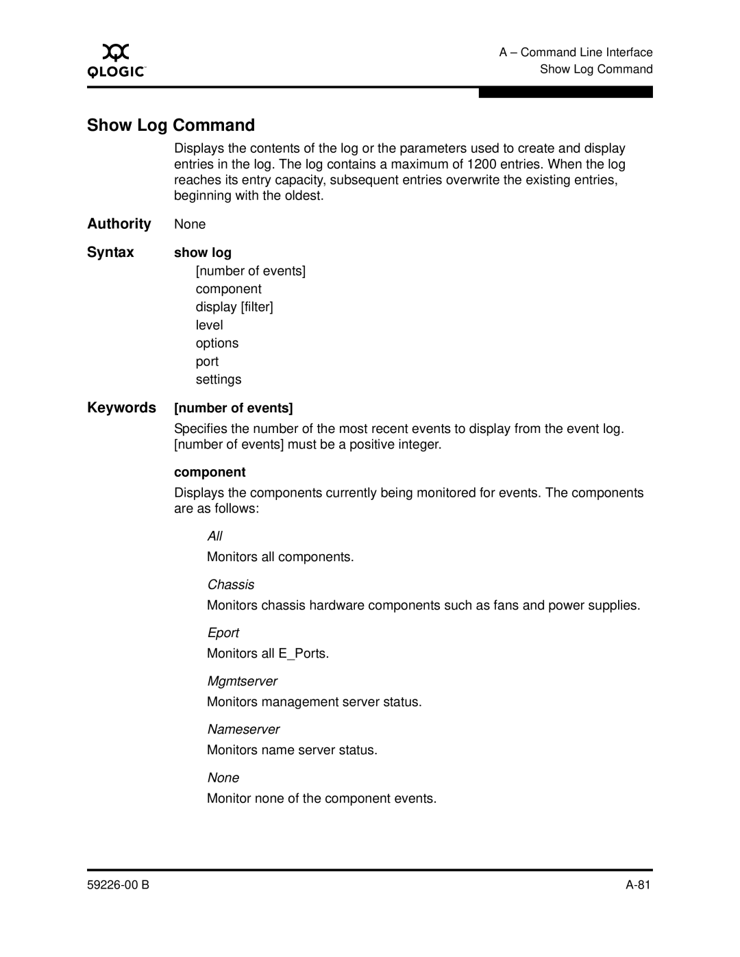 Q-Logic 59226-00 B manual Show Log Command, Show log, Number of events, Component 