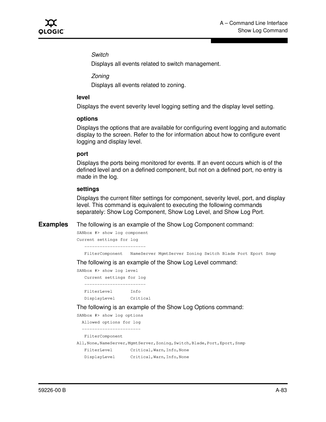 Q-Logic 59226-00 B manual Level, Options, Port, Settings 