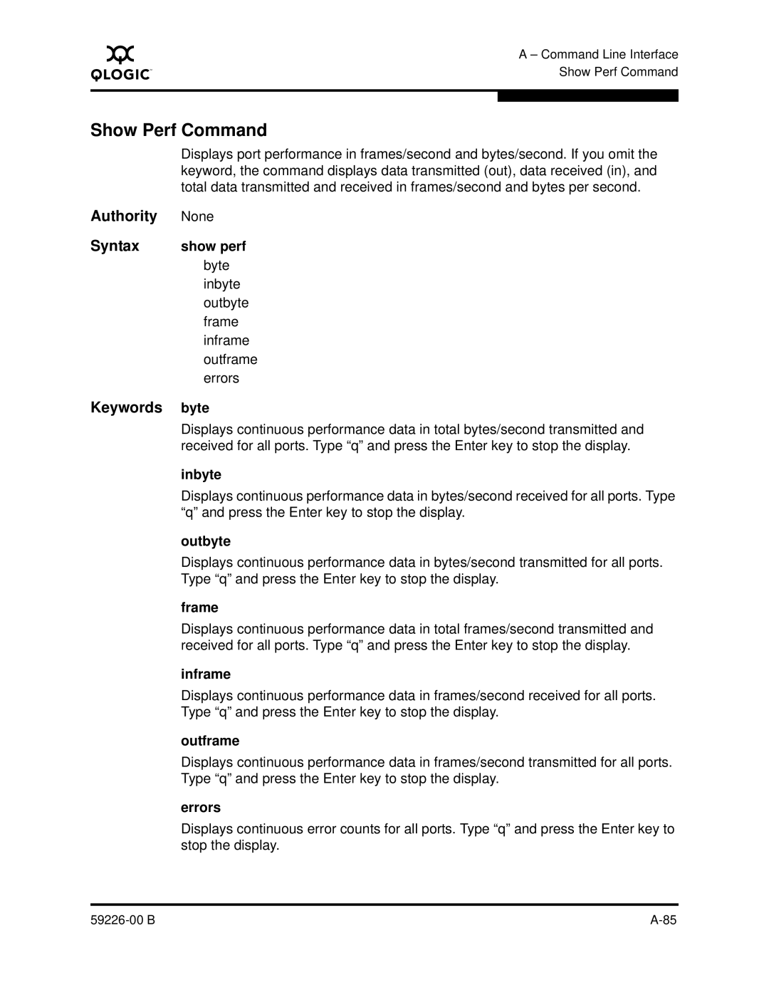 Q-Logic 59226-00 B manual Show Perf Command 