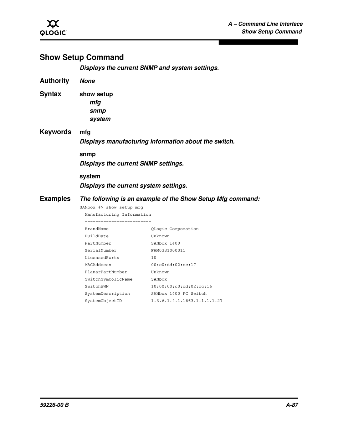 Q-Logic 59226-00 B manual Show Setup Command, Show setup, Mfg 