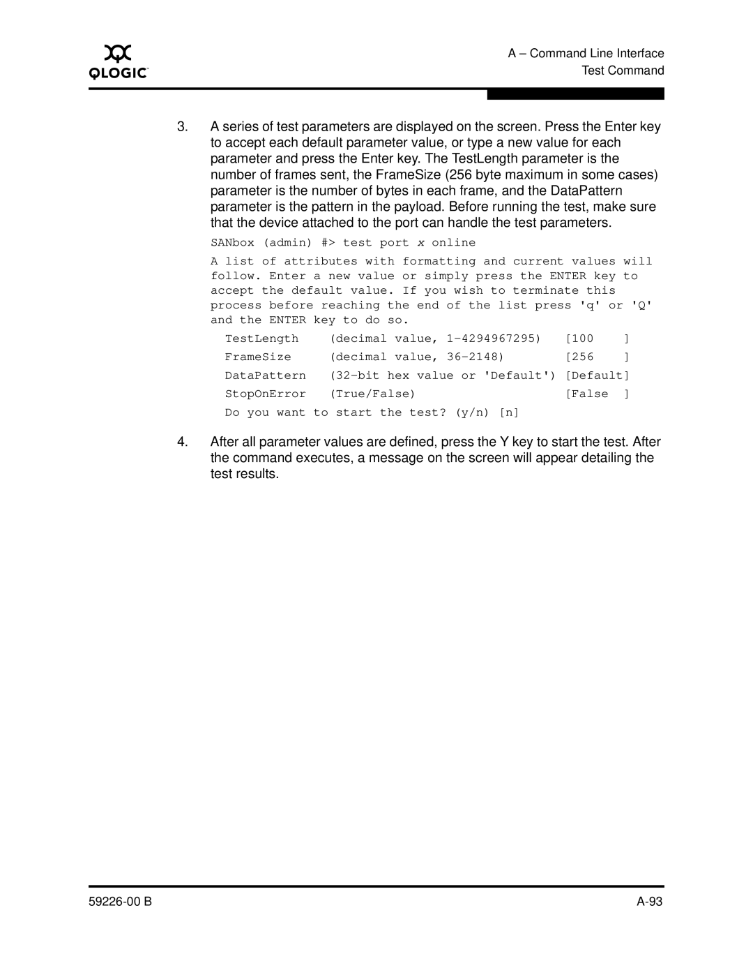 Q-Logic 59226-00 B manual Command Line Interface Test Command 