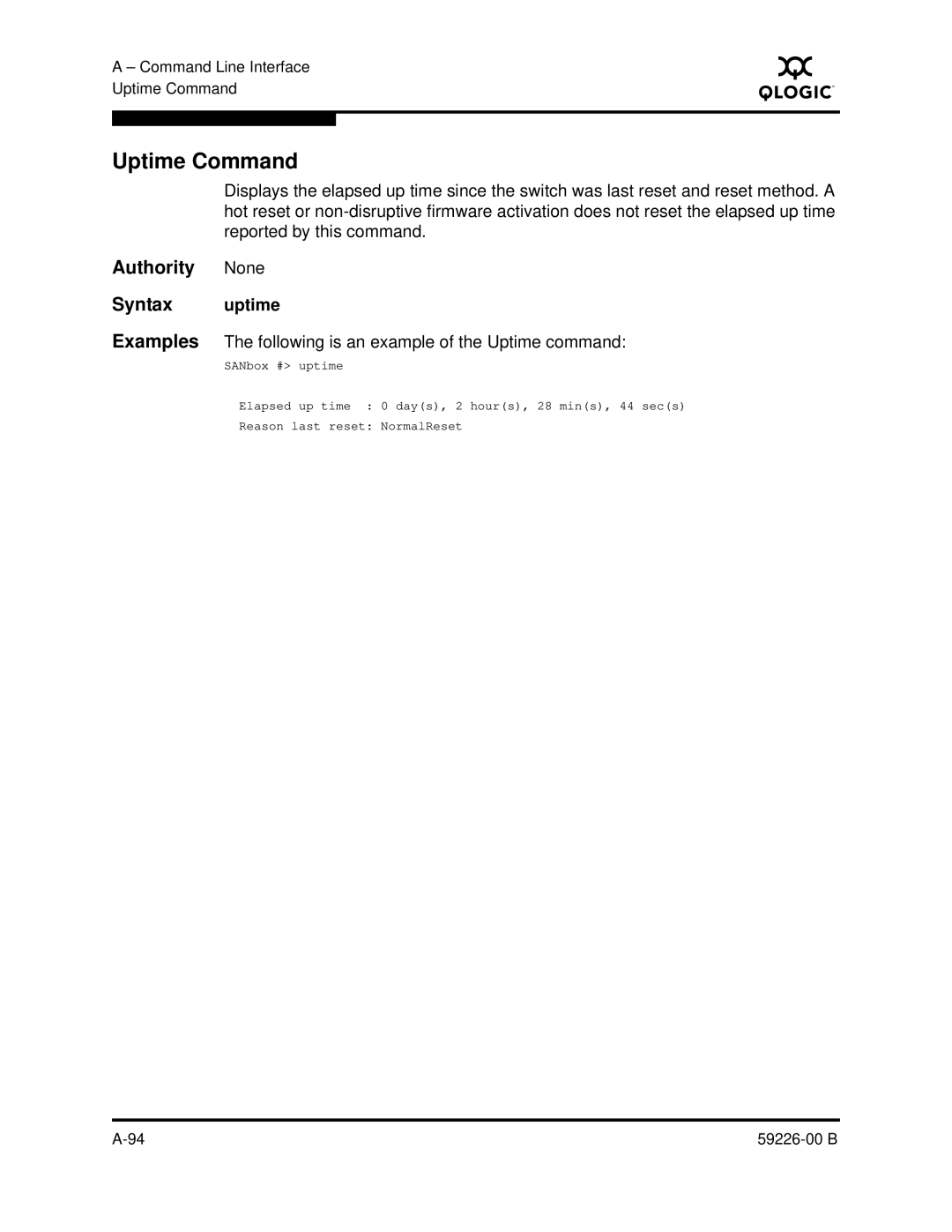 Q-Logic 59226-00 B manual Uptime Command, Authority None Syntax uptime 