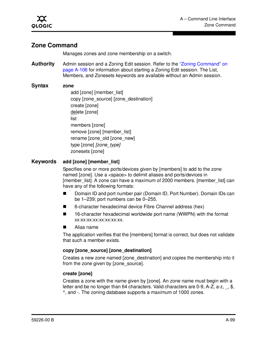 Q-Logic 59226-00 B Zone Command, Syntax zone, Keywords add zone memberlist, Copy zonesource zonedestination, Create zone 