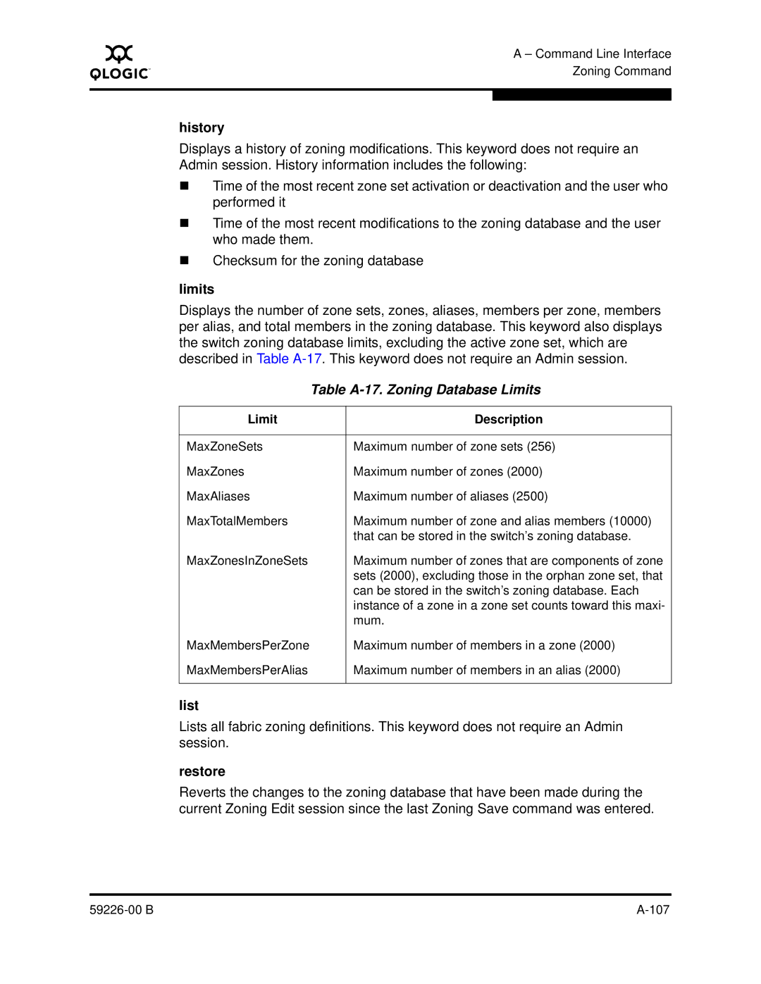 Q-Logic 59226-00 B manual Table A-17. Zoning Database Limits, Limit Description 