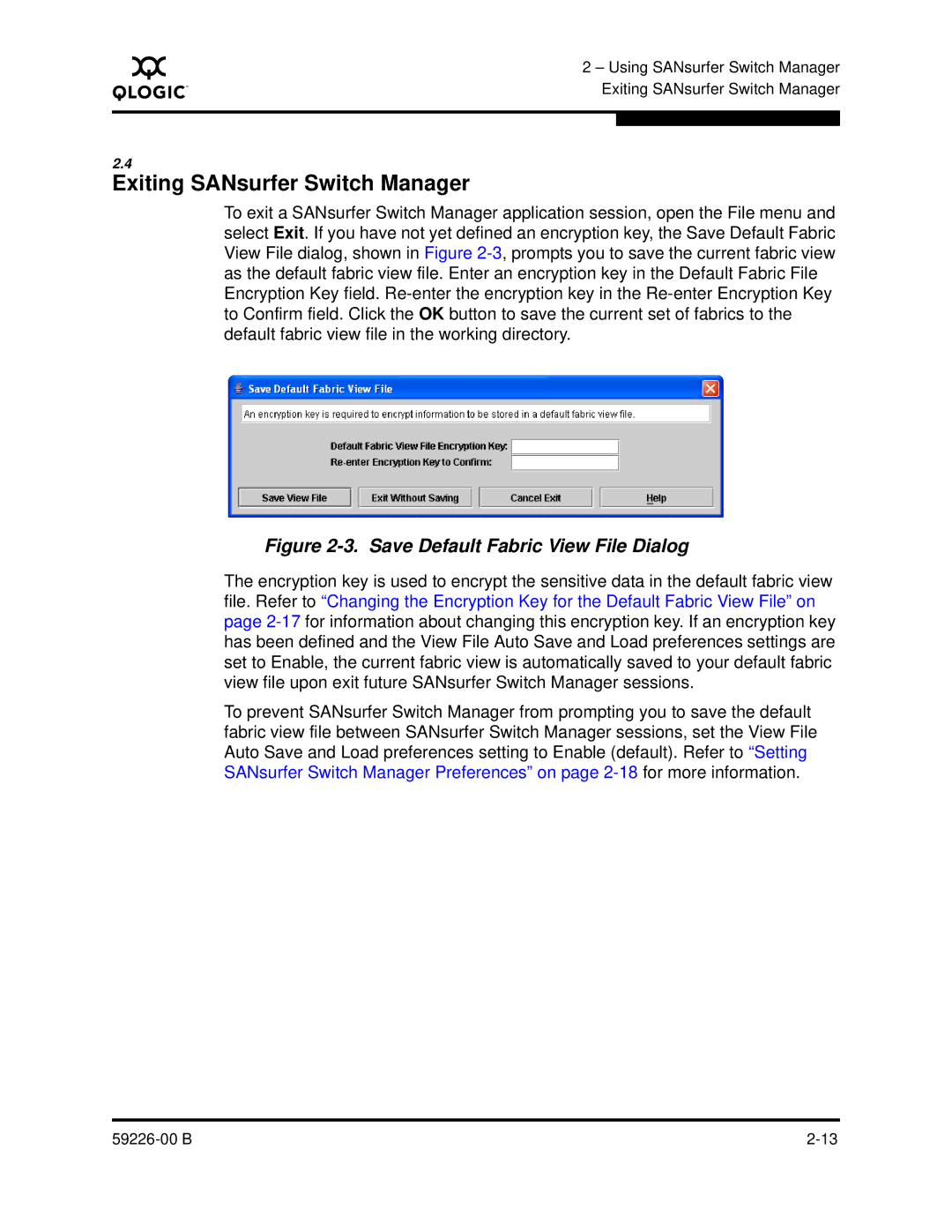 Q-Logic 59226-00 B manual Exiting SANsurfer Switch Manager, Save Default Fabric View File Dialog 