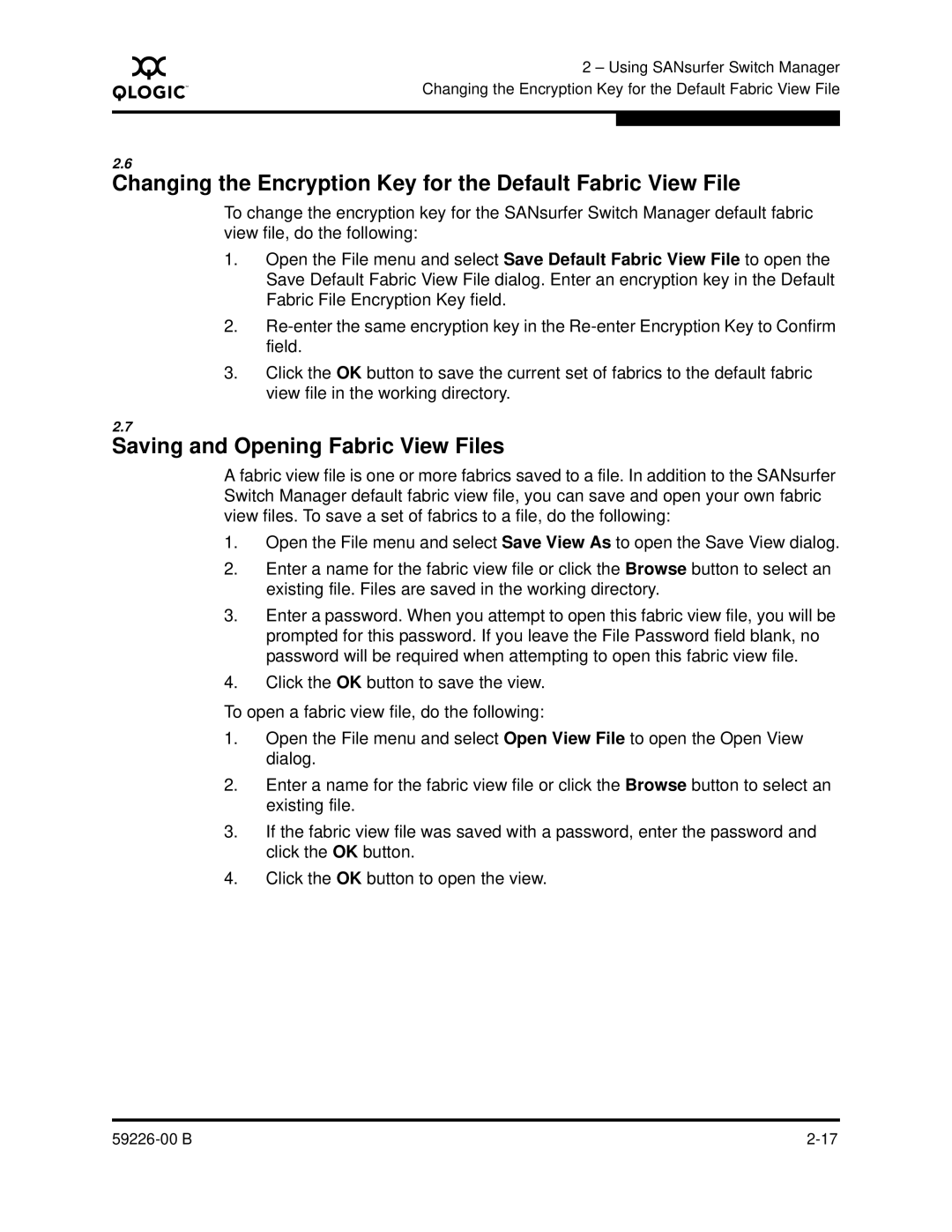 Q-Logic 59226-00 B Changing the Encryption Key for the Default Fabric View File, Saving and Opening Fabric View Files 