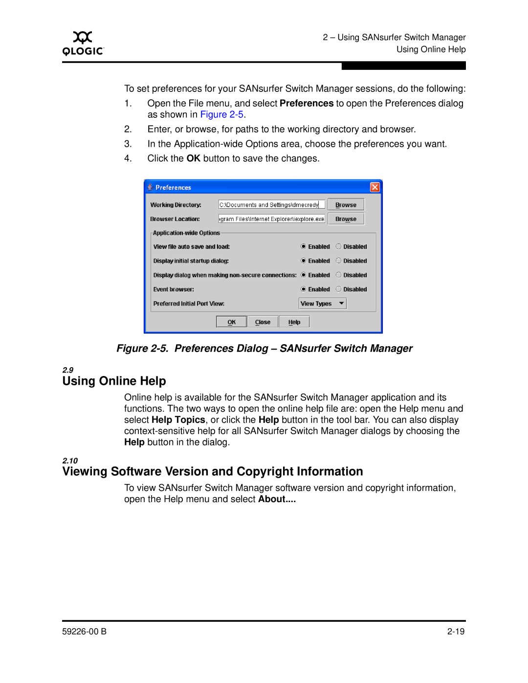 Q-Logic 59226-00 B manual Using Online Help, Viewing Software Version and Copyright Information 