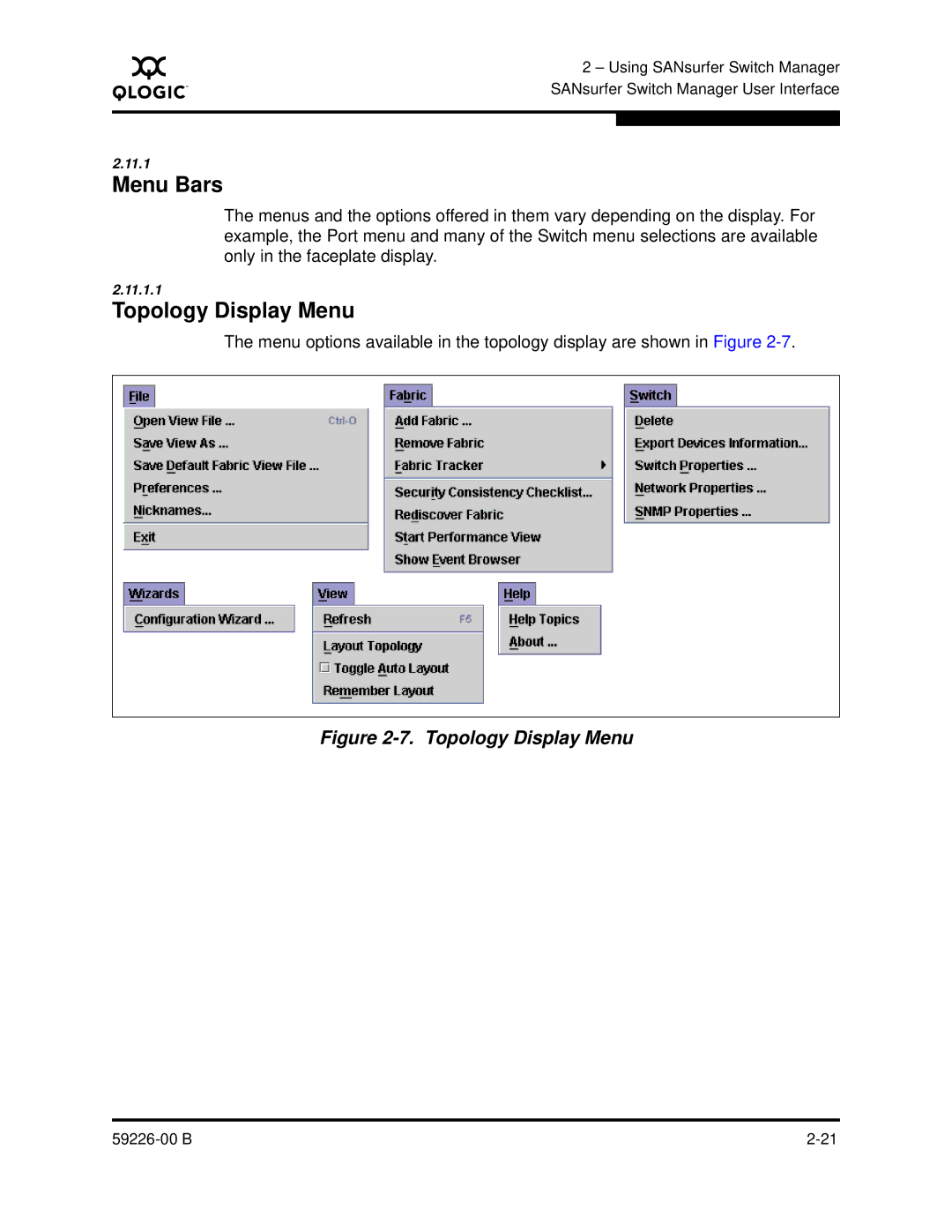 Q-Logic 59226-00 B manual Menu Bars, Topology Display Menu 