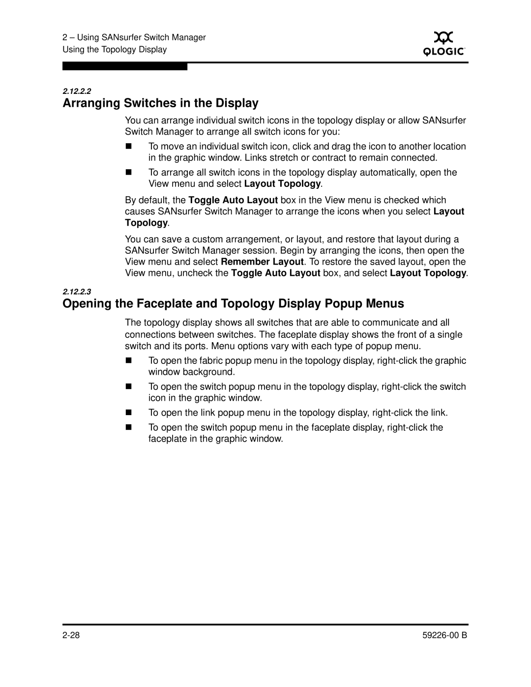 Q-Logic 59226-00 B manual Arranging Switches in the Display, Opening the Faceplate and Topology Display Popup Menus 