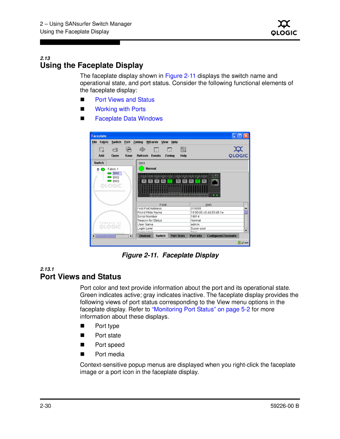 Q-Logic 59226-00 B manual Using the Faceplate Display, Port Views and Status 