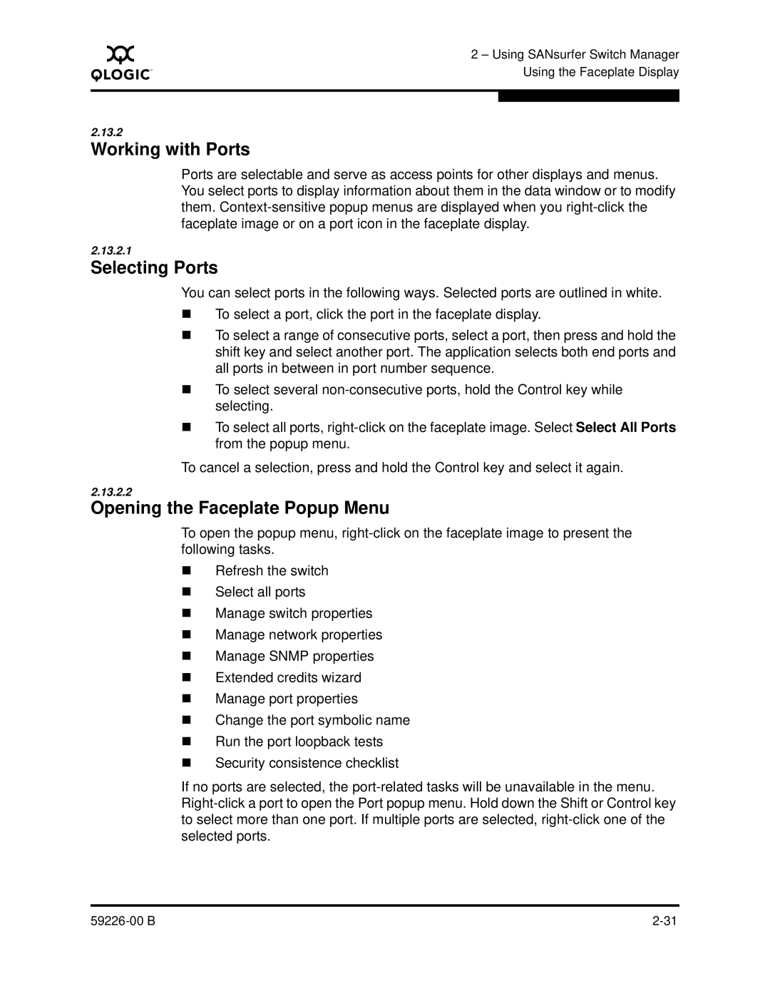 Q-Logic 59226-00 B manual Working with Ports, Selecting Ports, Opening the Faceplate Popup Menu 