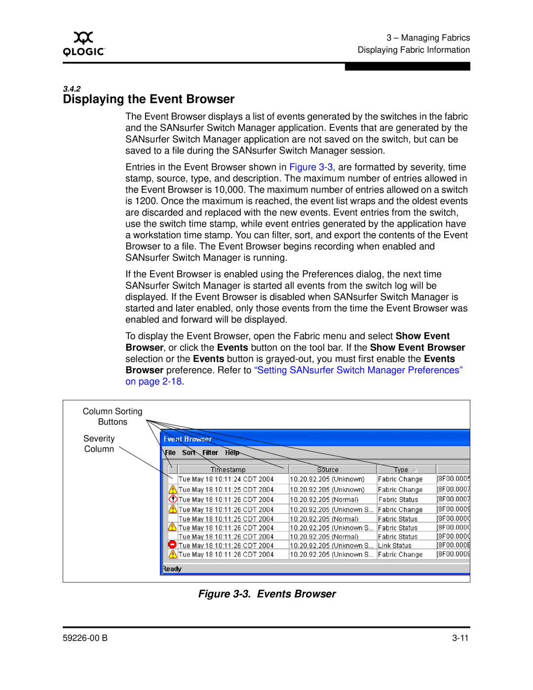 Q-Logic 59226-00 B manual Displaying the Event Browser, Events Browser 