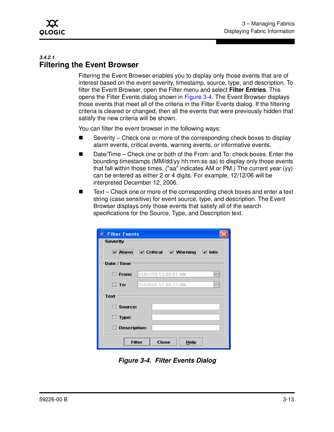 Q-Logic 59226-00 B manual Filtering the Event Browser, Filter Events Dialog 