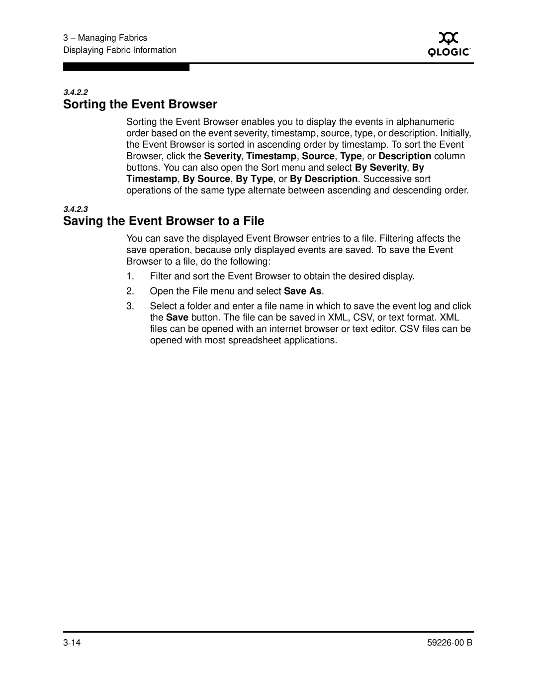 Q-Logic 59226-00 B manual Sorting the Event Browser, Saving the Event Browser to a File 