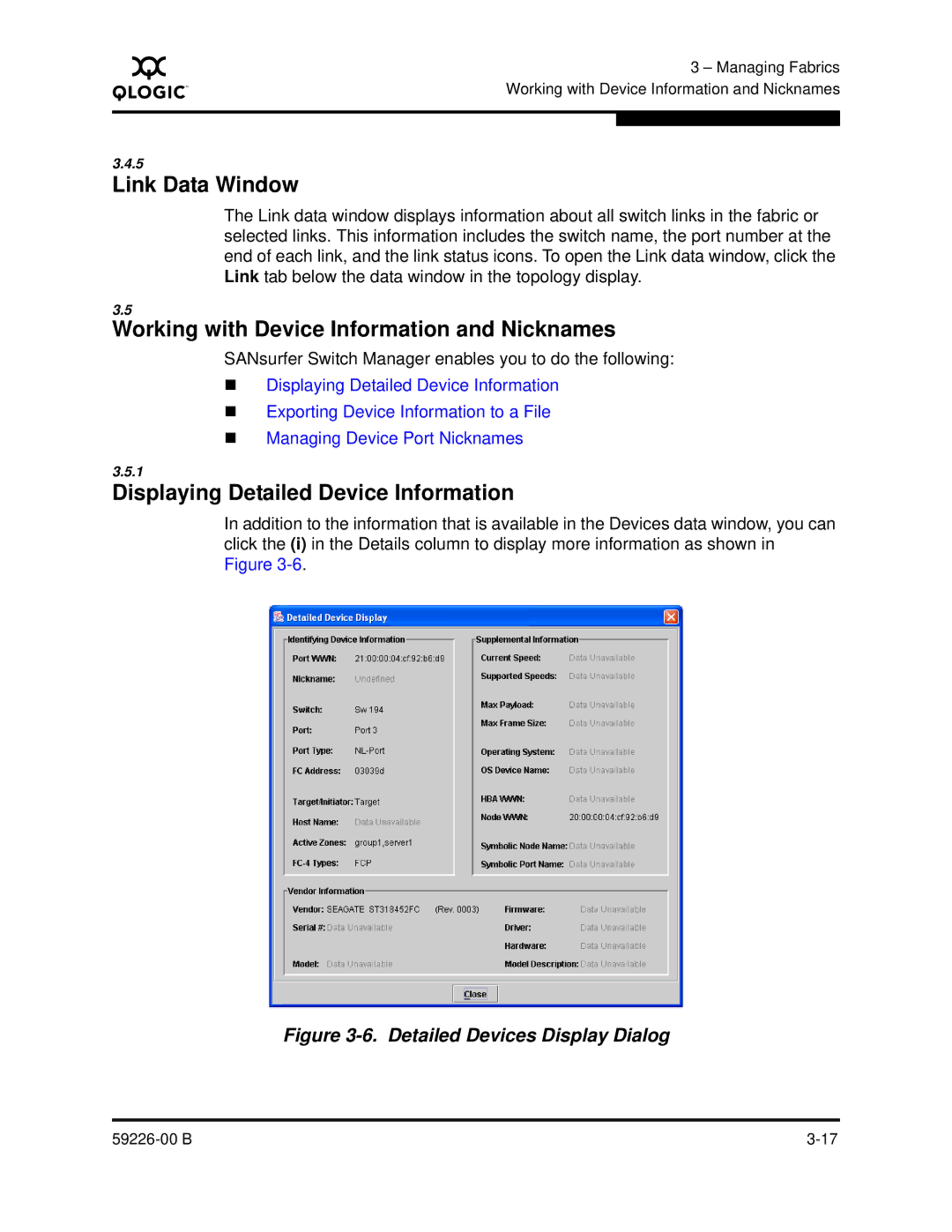 Q-Logic 59226-00 B Link Data Window, Working with Device Information and Nicknames, Displaying Detailed Device Information 