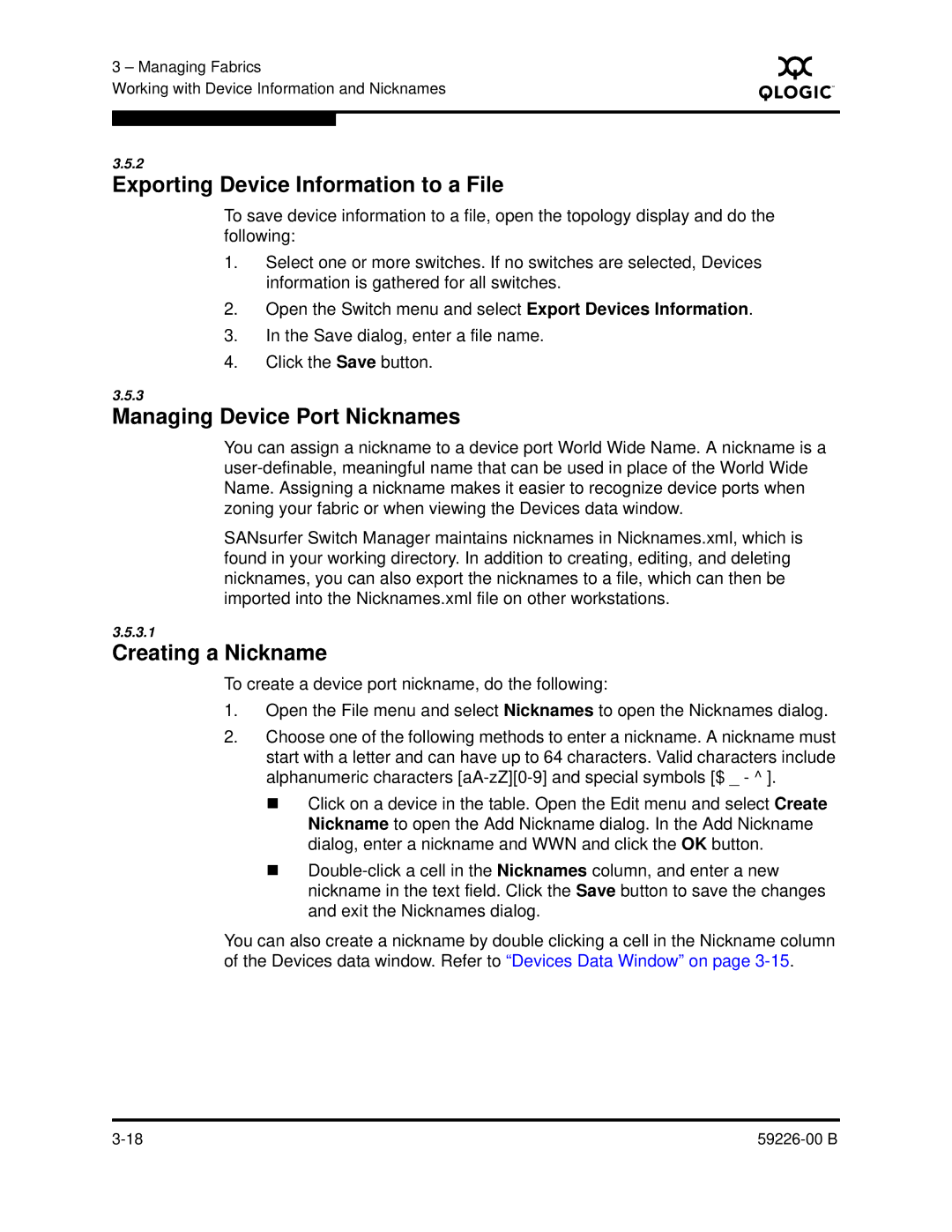 Q-Logic 59226-00 B manual Exporting Device Information to a File, Managing Device Port Nicknames, Creating a Nickname 