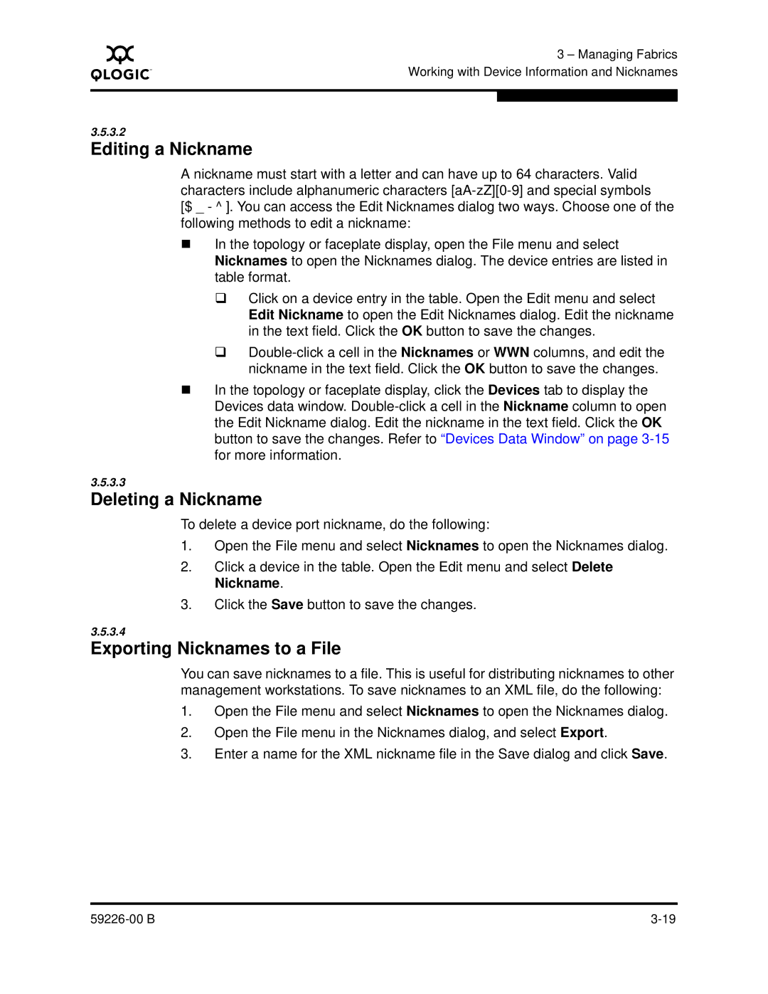 Q-Logic 59226-00 B manual Editing a Nickname, Deleting a Nickname, Exporting Nicknames to a File 