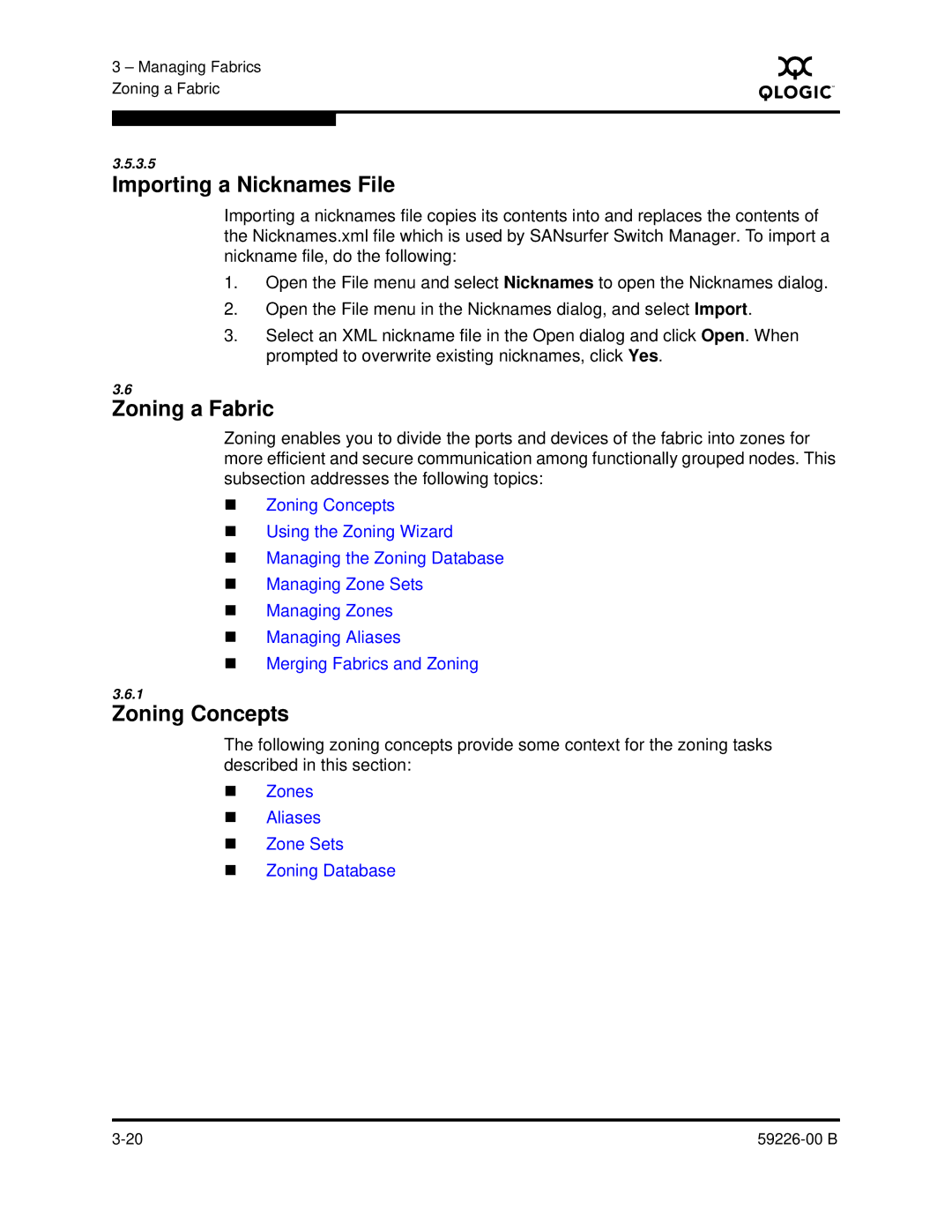 Q-Logic 59226-00 B manual Importing a Nicknames File, Zoning a Fabric, Zoning Concepts 