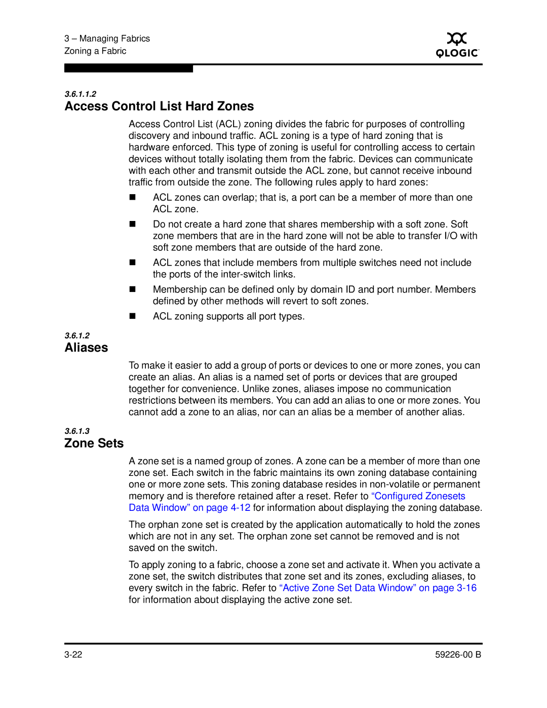 Q-Logic 59226-00 B manual Access Control List Hard Zones, Aliases, Zone Sets 