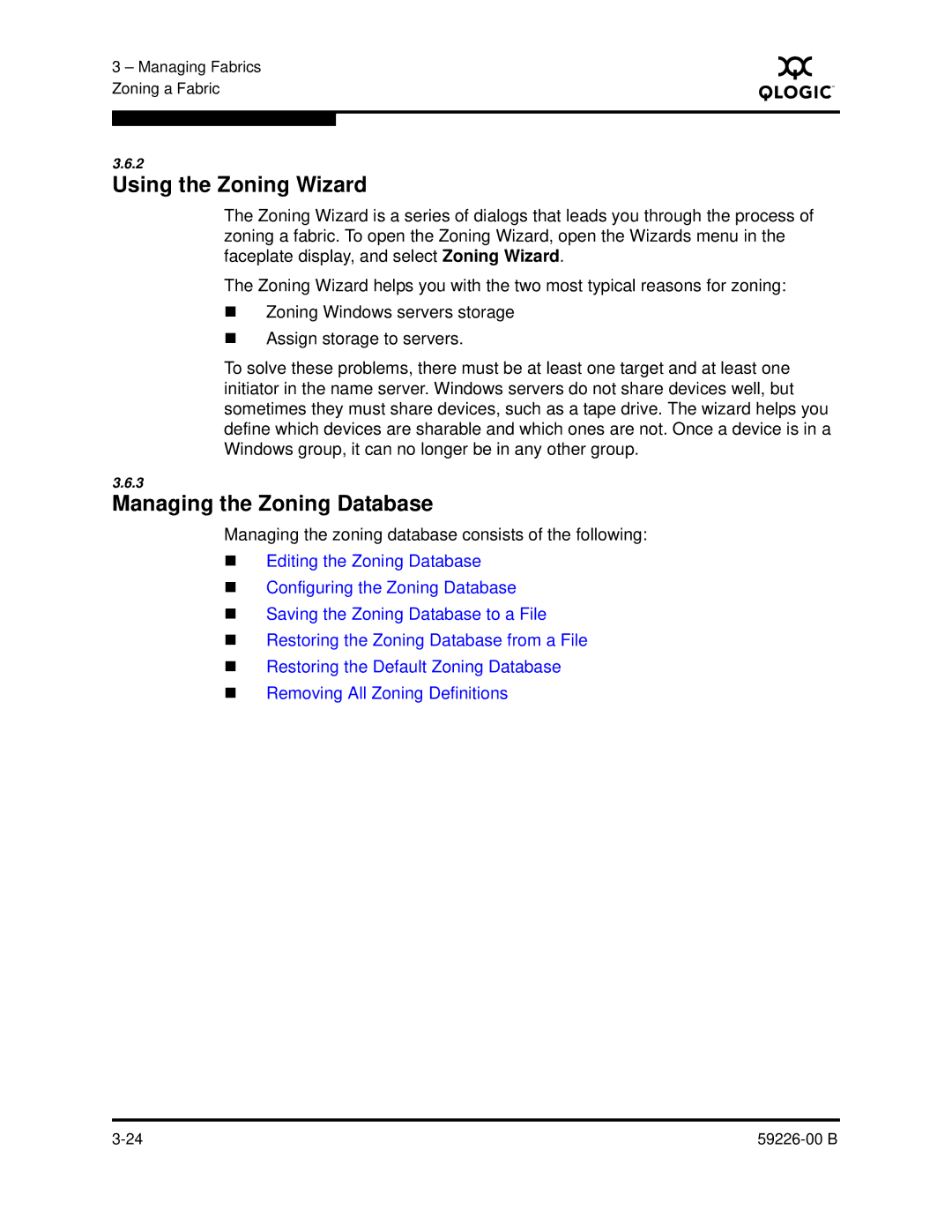 Q-Logic 59226-00 B manual Using the Zoning Wizard, Managing the Zoning Database 