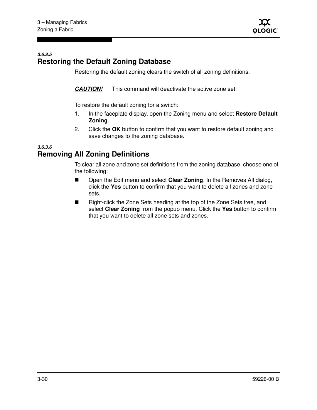 Q-Logic 59226-00 B manual Restoring the Default Zoning Database, Removing All Zoning Definitions 