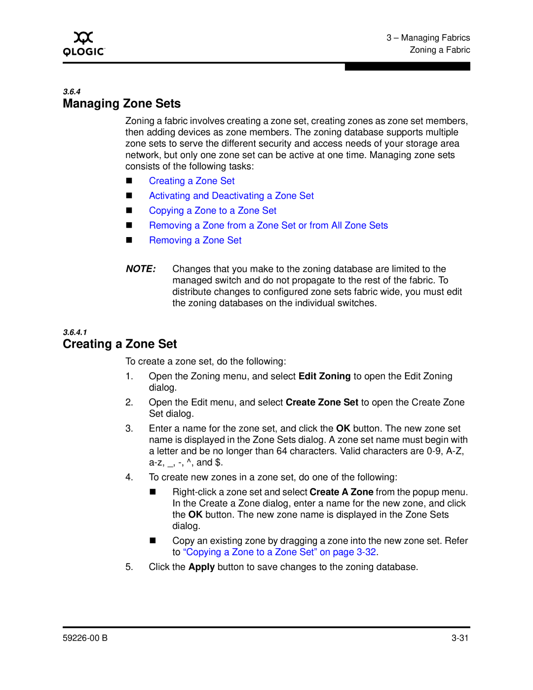 Q-Logic 59226-00 B manual Managing Zone Sets, Creating a Zone Set 