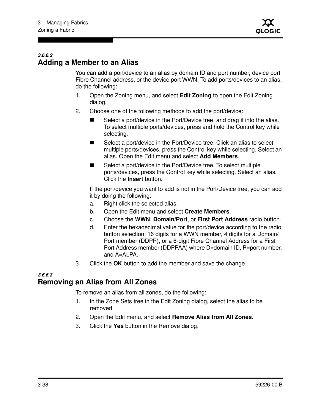 Q-Logic 59226-00 B manual Adding a Member to an Alias, Removing an Alias from All Zones 
